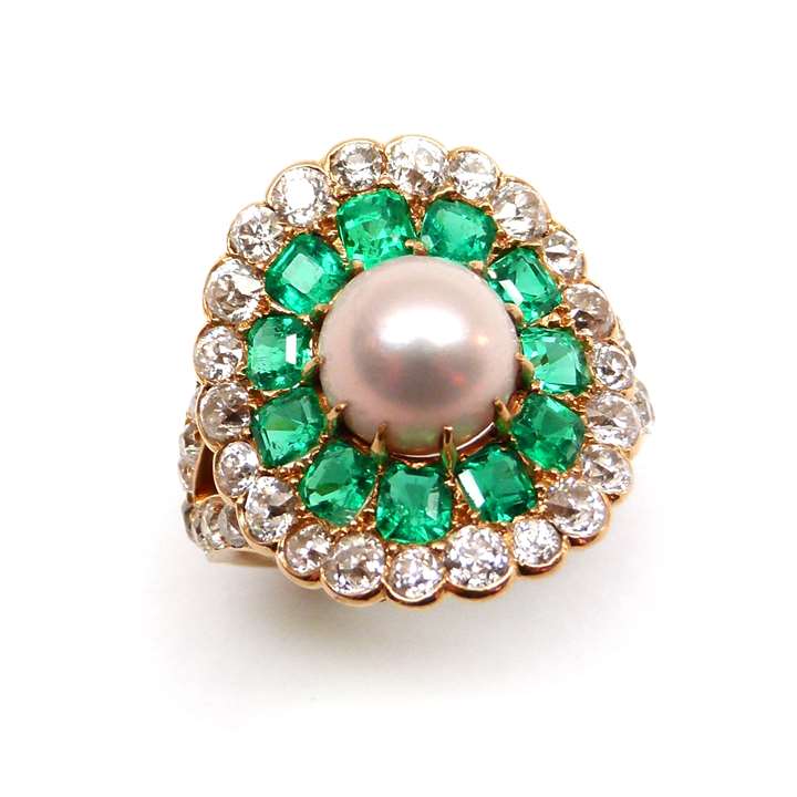 Early 20th century pearl, emerald and diamond flowerhead cluster ring